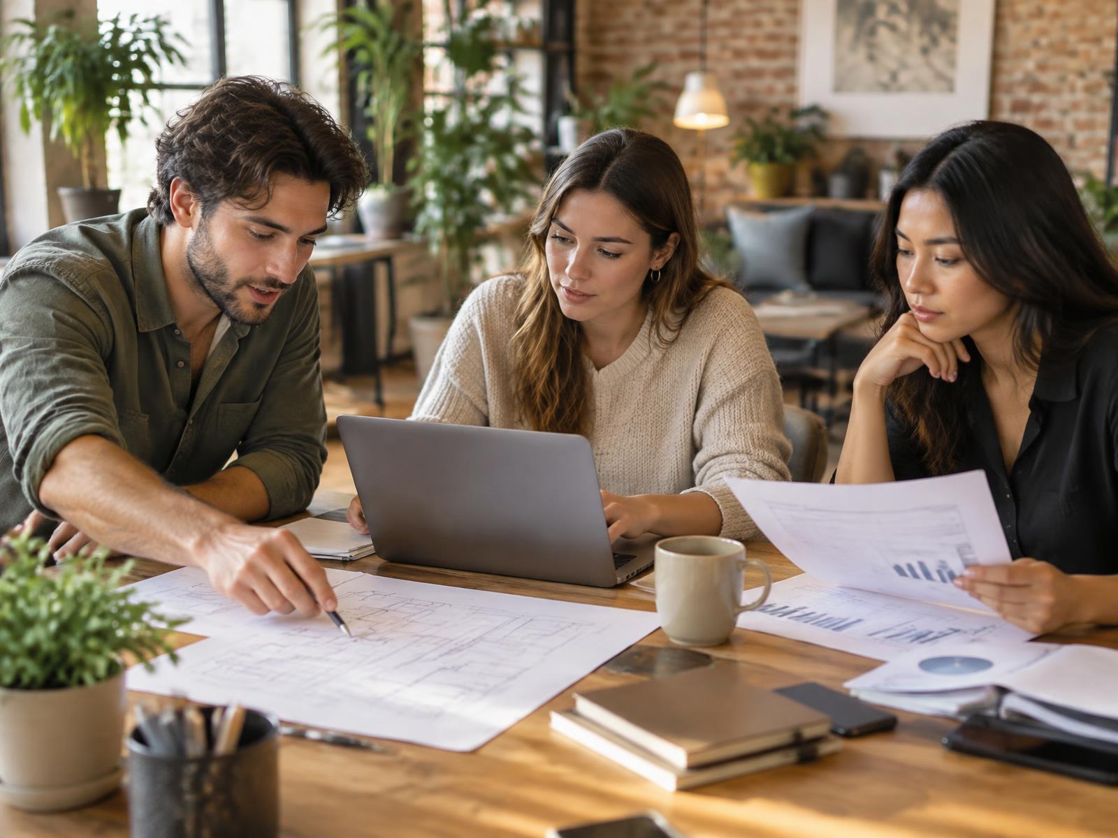 Illustration : des fondateurs examinent ensemble un plan d’affaires et des documents de travail